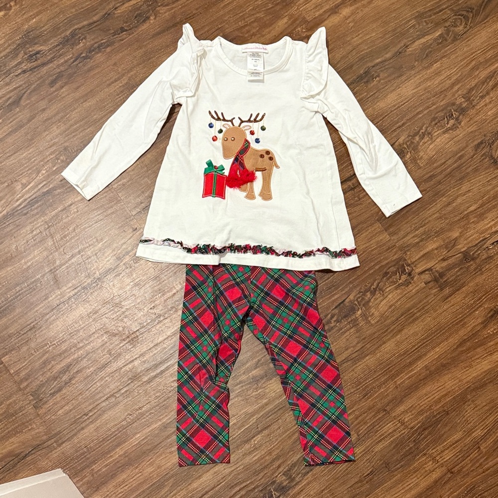 Bonnie Jean Reindeer top and pants set- Whit, Green and Red Plaid